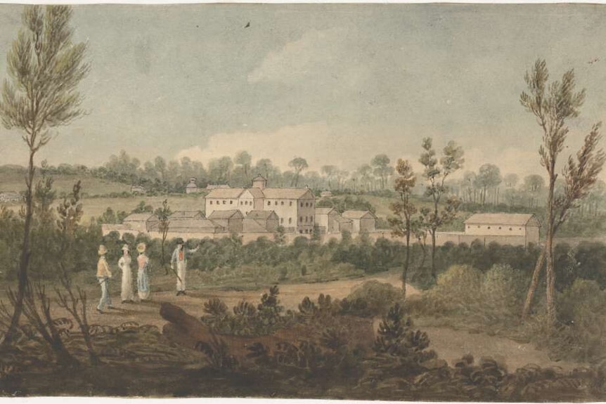 Colonial-era watercolour painting showing four people walking on path, with low fauna, towards the Parramatta Female Factory.