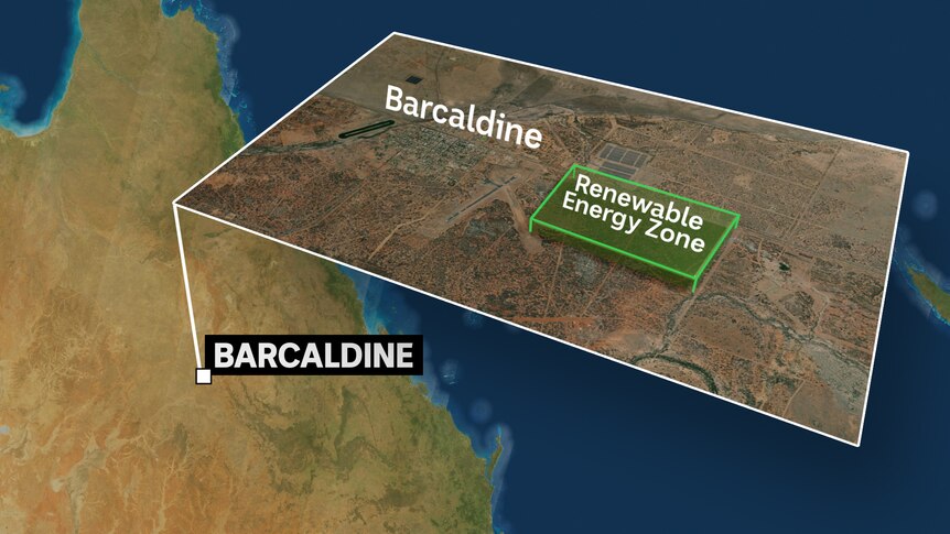 A map of Queensland highlighting Barcadline in the central west and the renewable energy zone east of town.