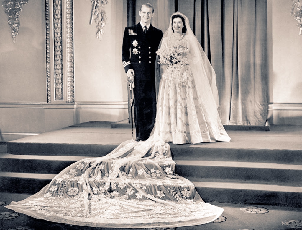 Queen Elizabeth II and Prince Philip pose for a photo after their wedding.