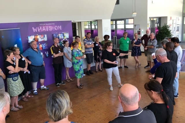 Palmerston residents gather in a circle in 2018 to workshop ideas for the 10-year-strategy. 