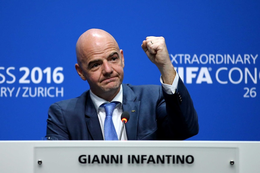 New FIFA president Gianni Infantino gestures during a press conference in Zurich