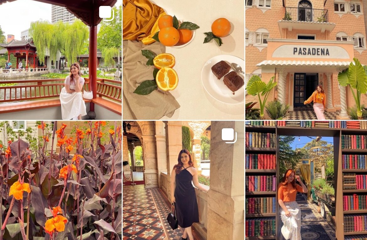 A grid of six Instagram images all with orange tones, showing a young woman in pretty locations, some oranges and flowers