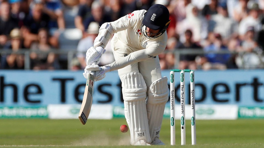 England batsman Jack Leach is hit on the pad during the third Ashes Test at Headingley.