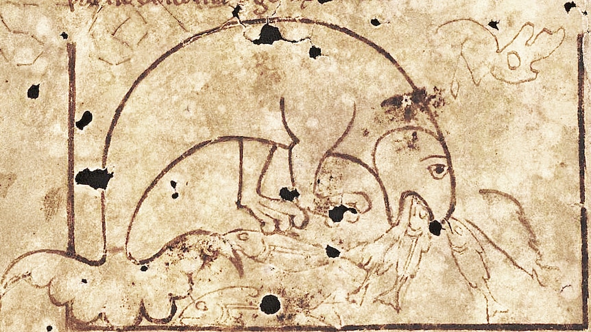 An ancient drawing of a whale or sea monster feeding on fish