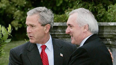 Irish Prime Minister Bertie Ahern welcomes George W Bush at Dromoland Castle.