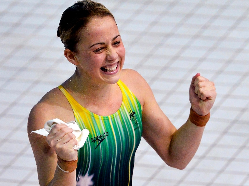 Brittany Broben celebrates after winning the Olympic silver medal in the women's 10m platform in London.