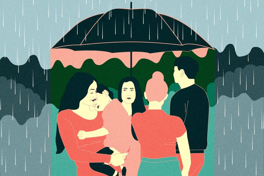 An illustration shows a group of people sheltering from the rain under an umbrella