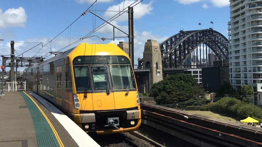 A train, with the Harbour Bridge in the background.