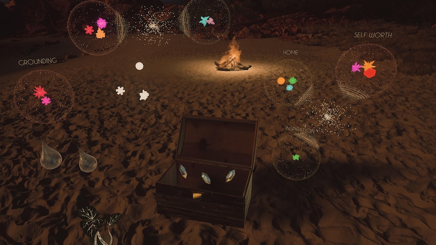 A bonfire on a beach with a wooden chest and bright-coloured stars in mid-air
