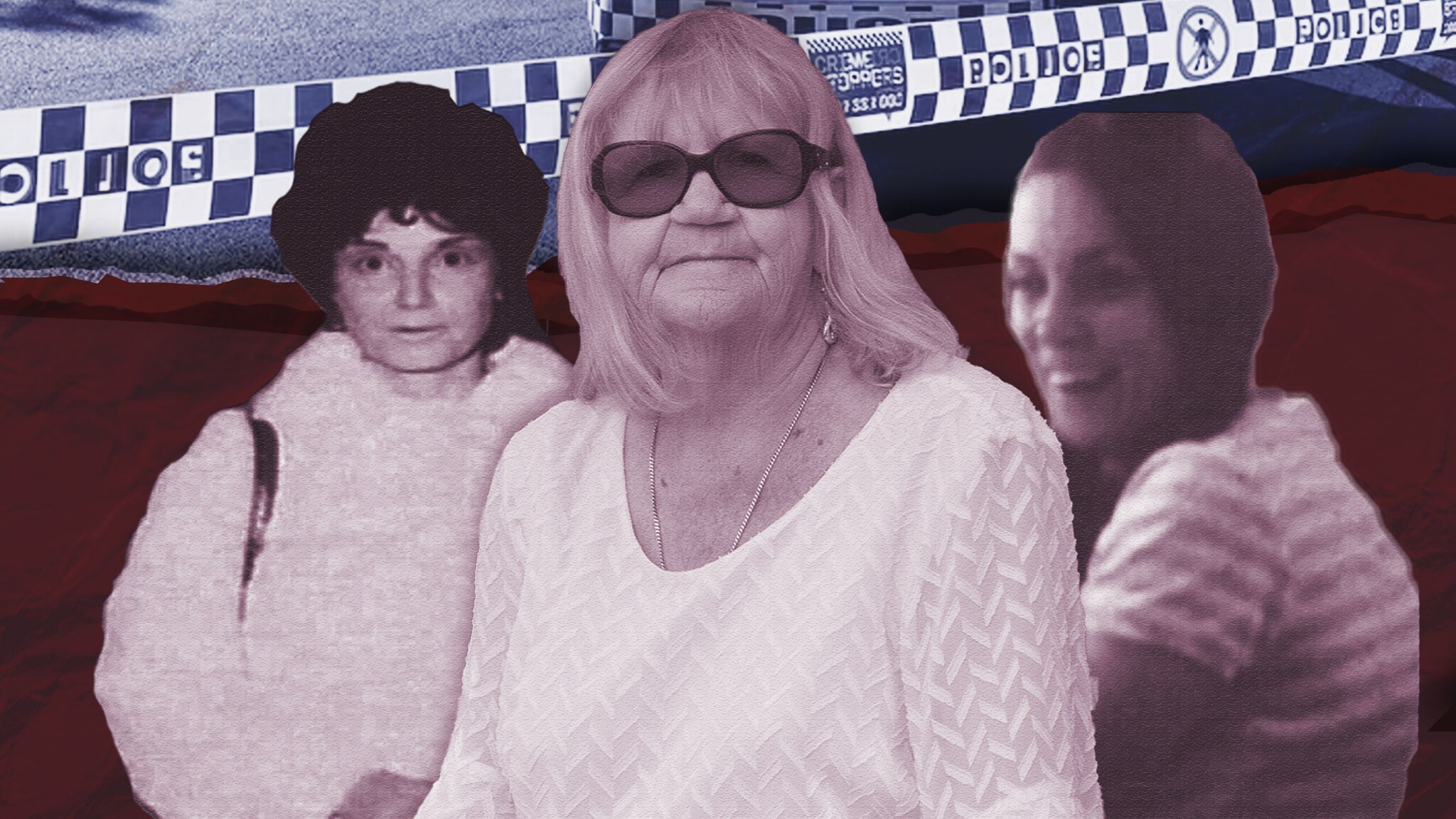 A composite graphic of three women of various ages in front of police tape.