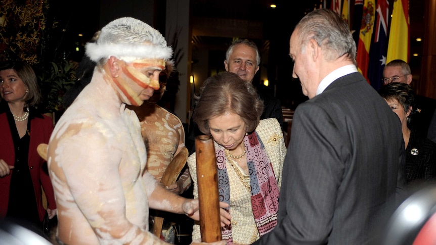 Paul House (left) at a reception in Canberra, with King Carlos of Spain (right) and Queen Sofia (centre) in 2009.