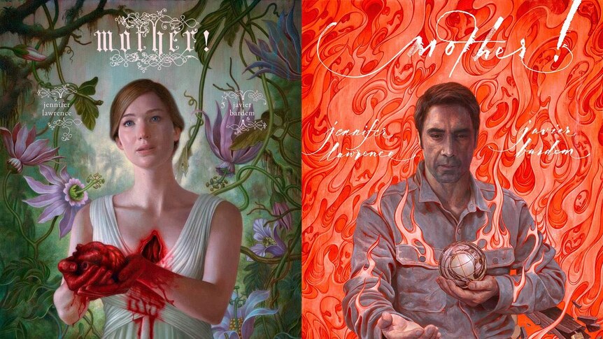 Illustrated movie posters for 2017 film Mother! which refer to religious iconography.