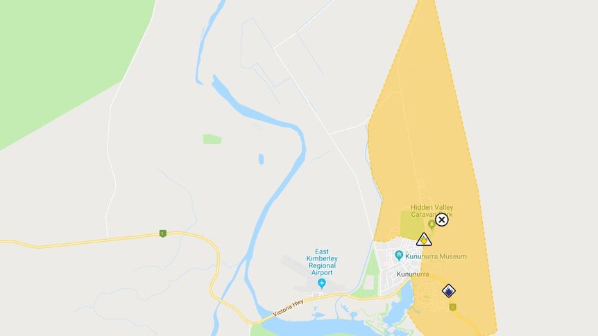A map of Kununurra town with area shaded where the fire is.
