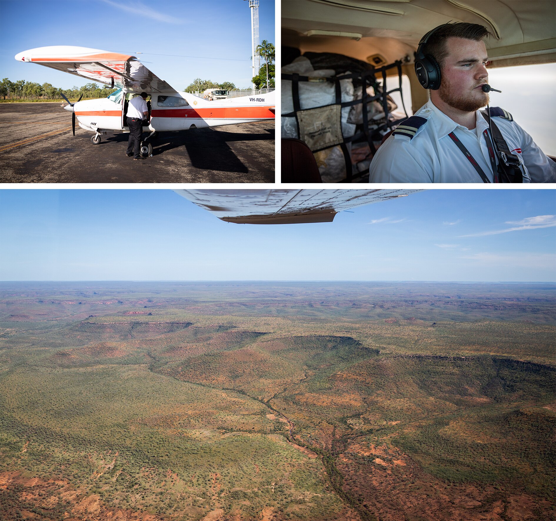 A grid of three photos showing a young male pilot, small six-seater plane and vast outback landscape from above.