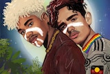 A digital illustration shows two men embracing and looking towards the viewer, wearing clothes with indigenous and queer symbols