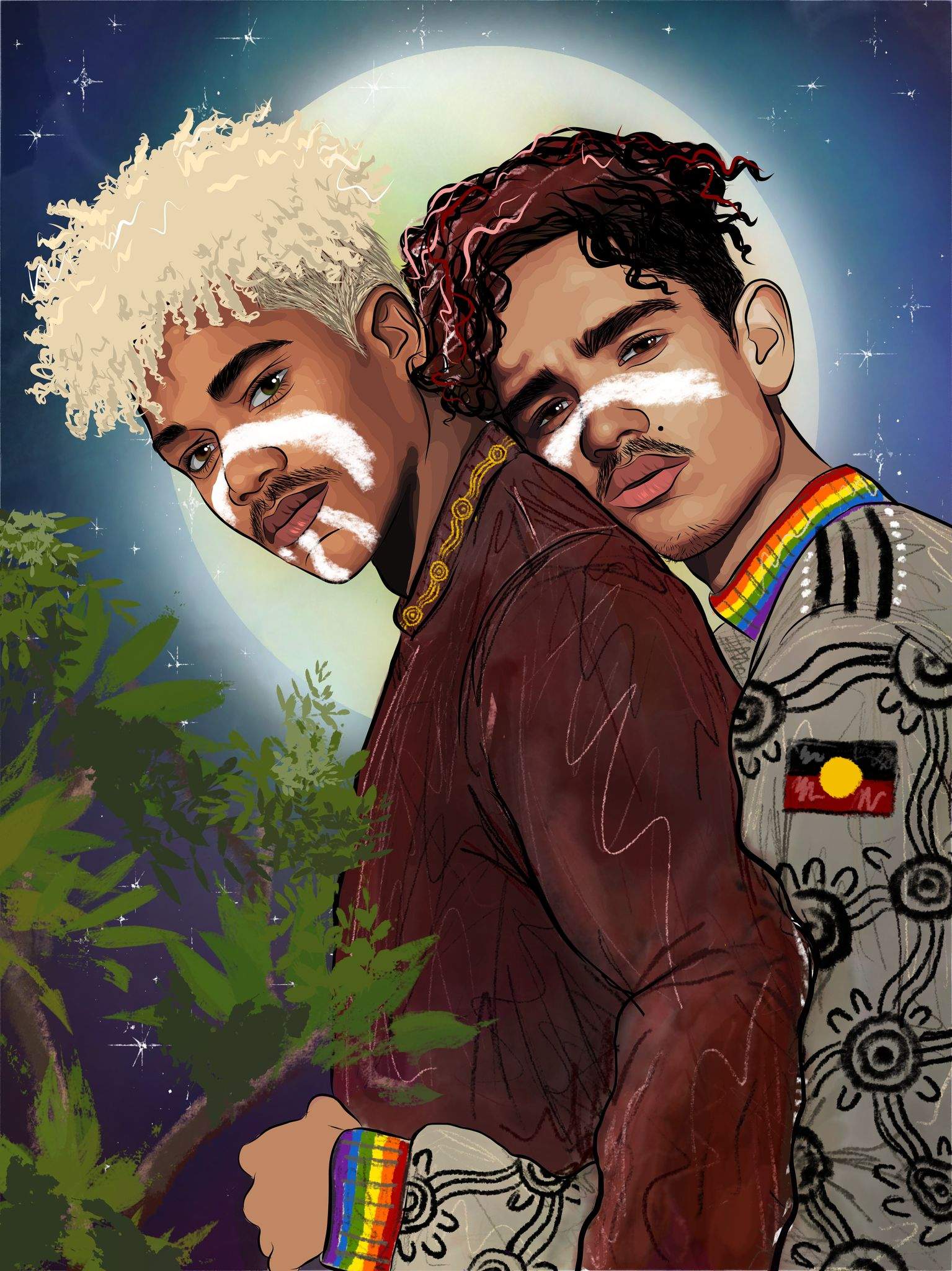A digital illustration shows two men embracing and looking towards the viewer, wearing clothes with Indigenous and queer symbols