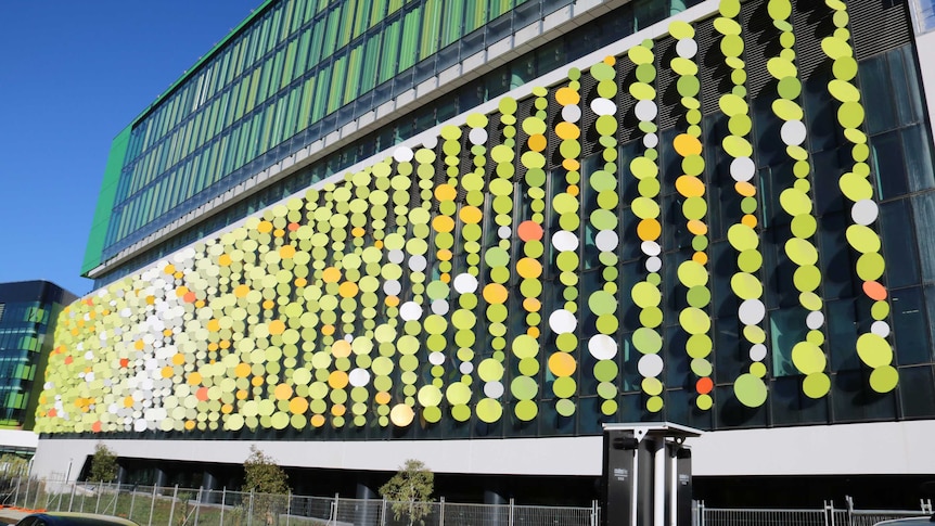 The side of the Perth Children's Hospital with The Fizz, an artwork of hundreds of circular green-coloured panels.