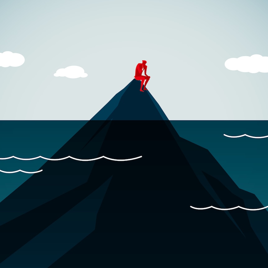 Artwork of a red man sitting on a dark triangular iceberg, where the top is out of the water but the rest is submerged