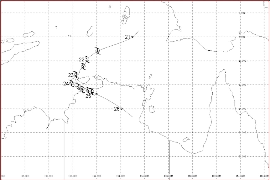 A map of the path taken by Tropical Cyclone Tracy.