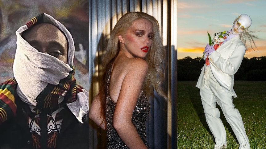 composite of Yasiin Bey in headscarf, Sky Ferreira in sparkly dress, Fever Ray with shaved head, white facepaint