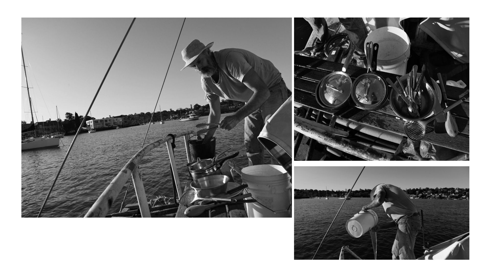 A composite image of pots and pans and a man on a yacht 