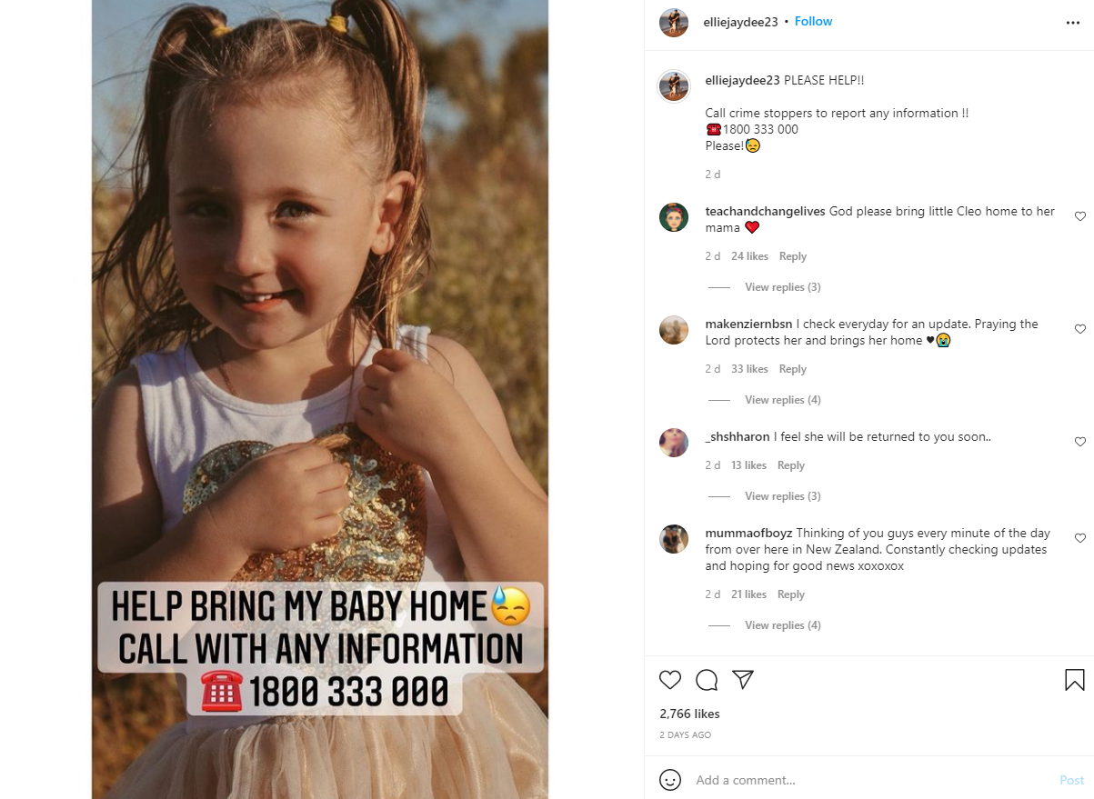 A screenshot of an Instagram post from Ellie Smith calling for help to find her daughter Cleo with the Crime Stoppers numbers. 