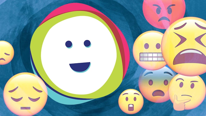 The Kids Helpline happy face logo mark surrounded by emojis of different emotions like anger, shock and sadness.