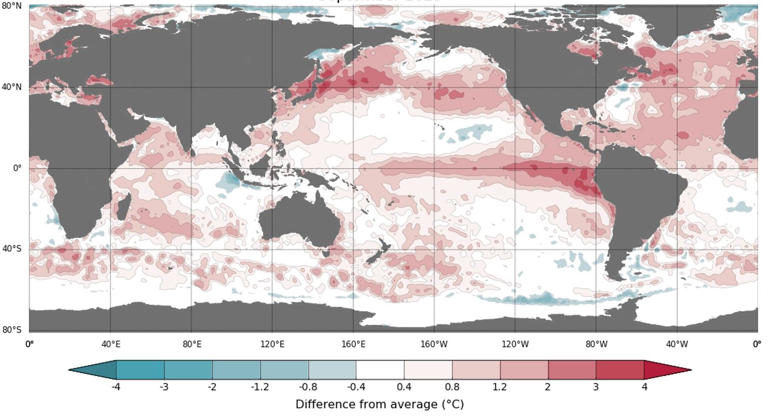 A map of the world with the oceans coloured to reflect their temperature change. 