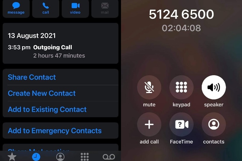 screenshots of two Iphone screens next to each other showing call logs with two hour long calls