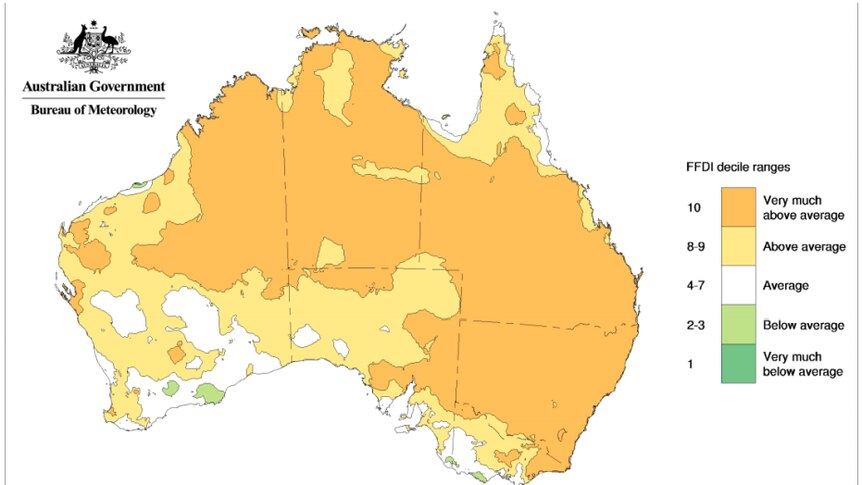 Map of Australia where most of NSW, QLD, NT and northern WA are shaded as very much above average forest fire danger index