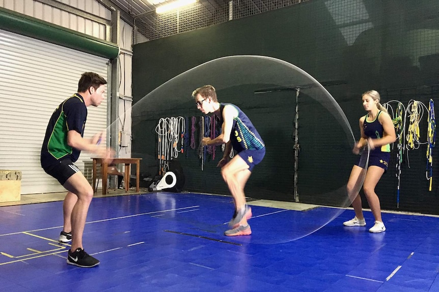 Luke Boon, Jake Eve and Lilly Barker skipping