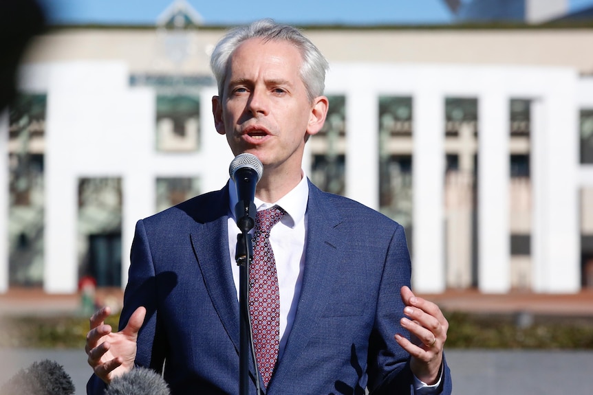 Andrew Giles speaks outside Parliament House