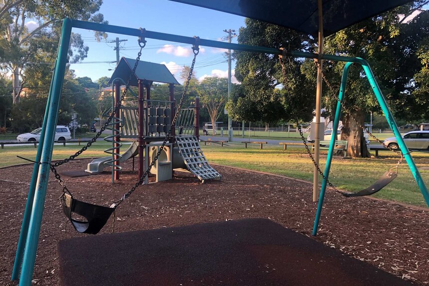 Swings are zip-tied together in Toowong during the coronavirus restrictions.