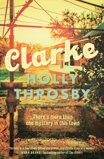 The book cover of Clarke by Holly Throsby, a washed out image of a hills hoist and backyard