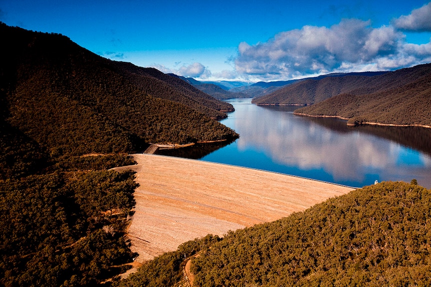 Aerial picture of Talbingo dam in the Snowy Mountains.