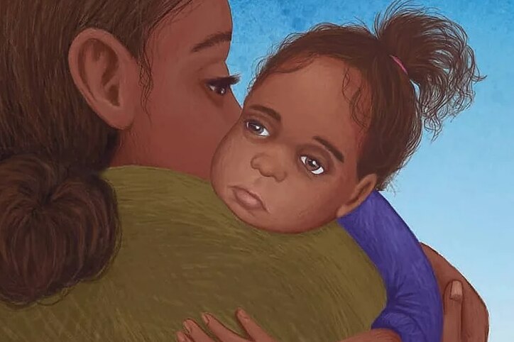 Illustration by artist Samantha Fry of the face of a tired, young Aboriginal girl over her shoulder of an older woman