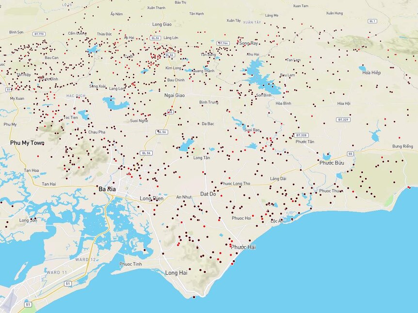 Digital map showing Vietnam War battle locations.