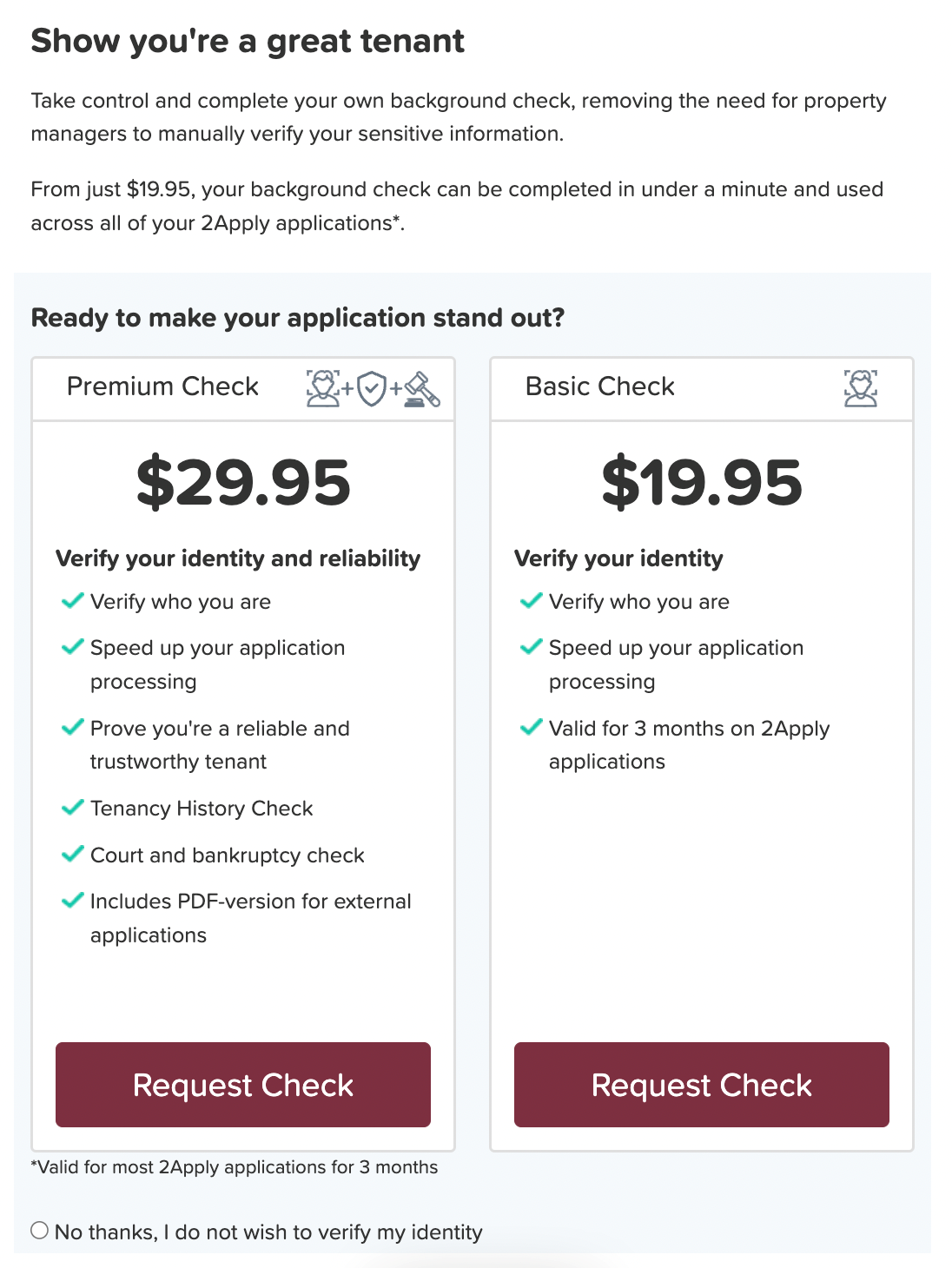 A screenshot of a rental application showing paid background check options.