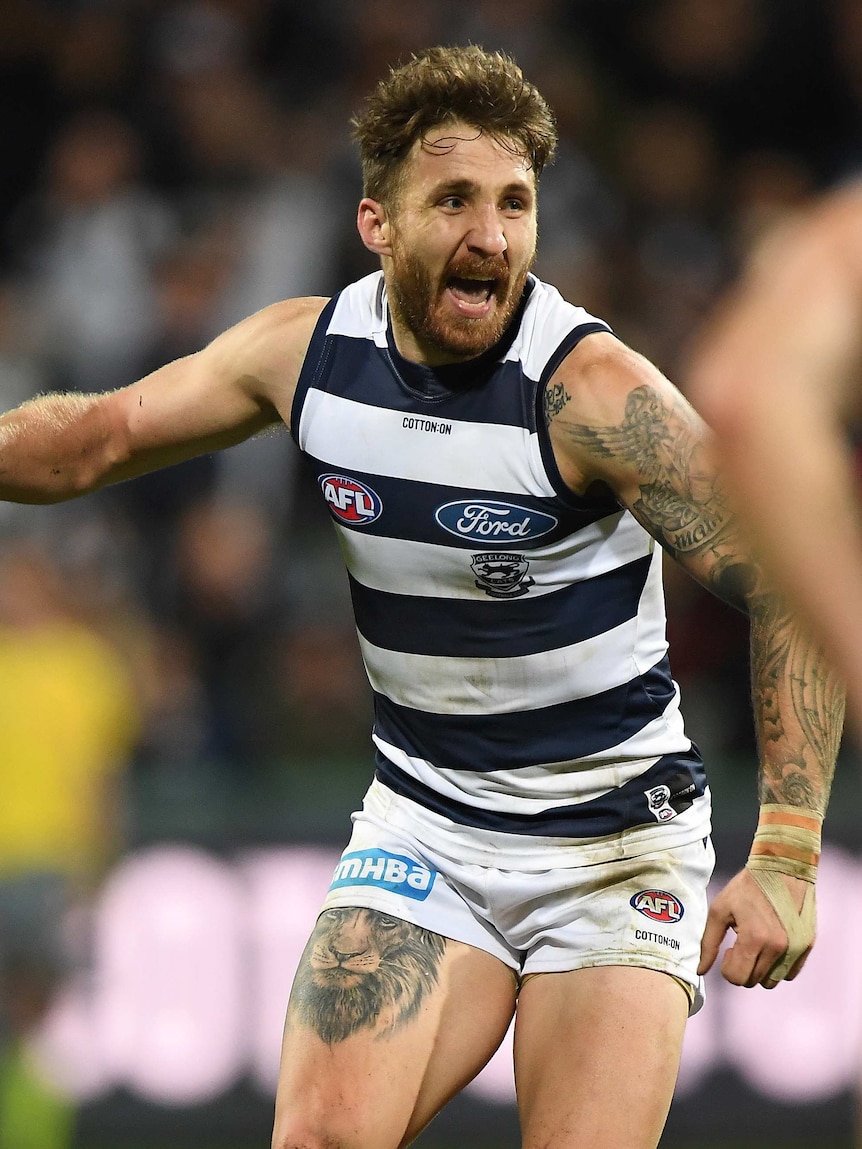 Zach Tuohy celebrates goal against Melbourne