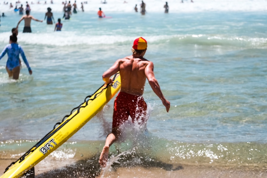 A man wearing a surf lifesaver cap runs into the surf holding a surfboard