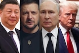 A composite image of Xi Jinping, Volodymyr Zelenskyy, Vladimir Putin and Donald Trump