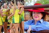 Netball team celebrates, Gina Rhinehart in red hat smiles at camera 