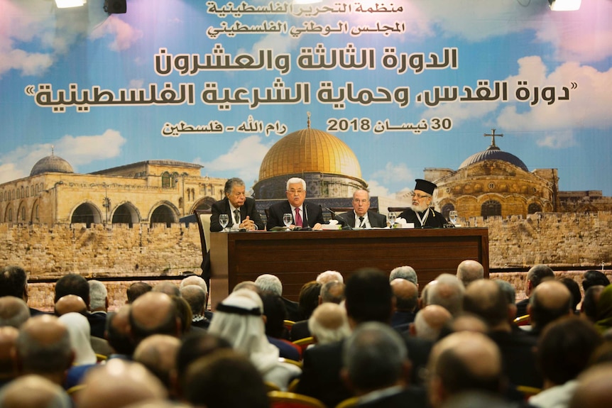 Palestinian President Mahmoud Abbas speaks during a meeting of the Palestinian National Council