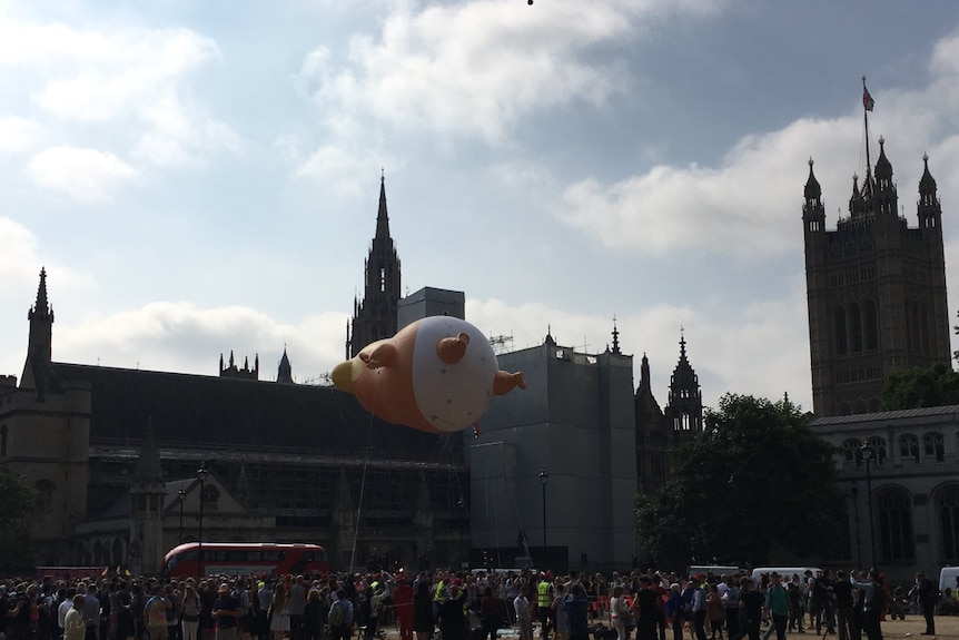 About 300 people gathered to watch the blimp inflate and take flight.