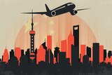Red and black buildings in silhouette style with plane flying out