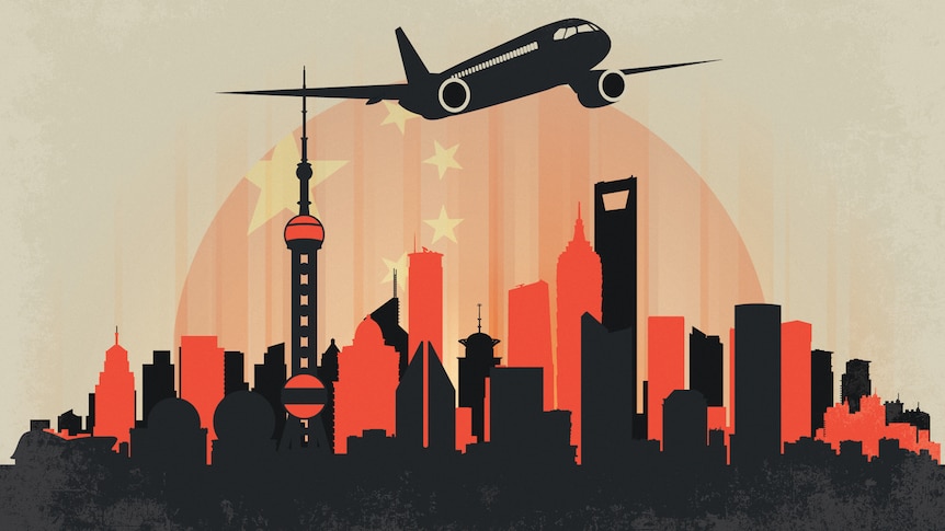 Red and black buildings in silhouette style with plane flying out