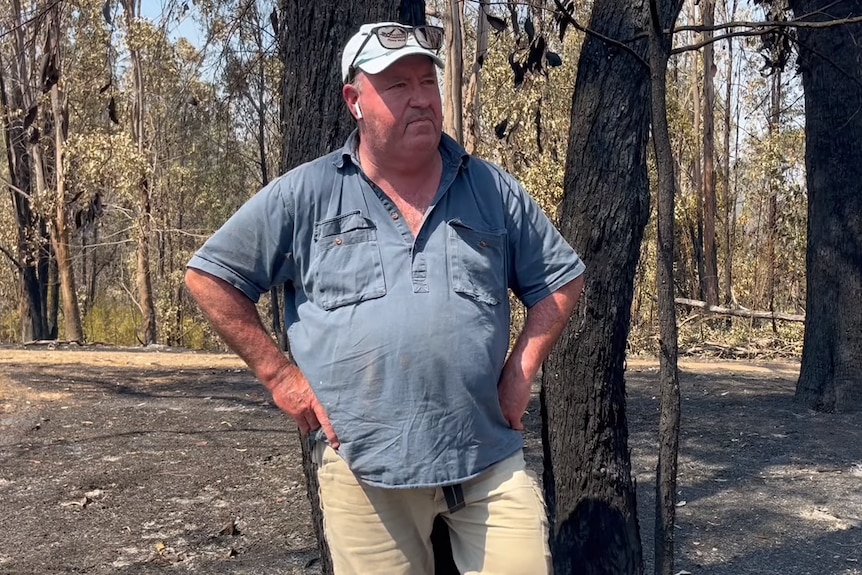 Beekeeper Glenn Locke standing in front of burnt trees in Nymbodia