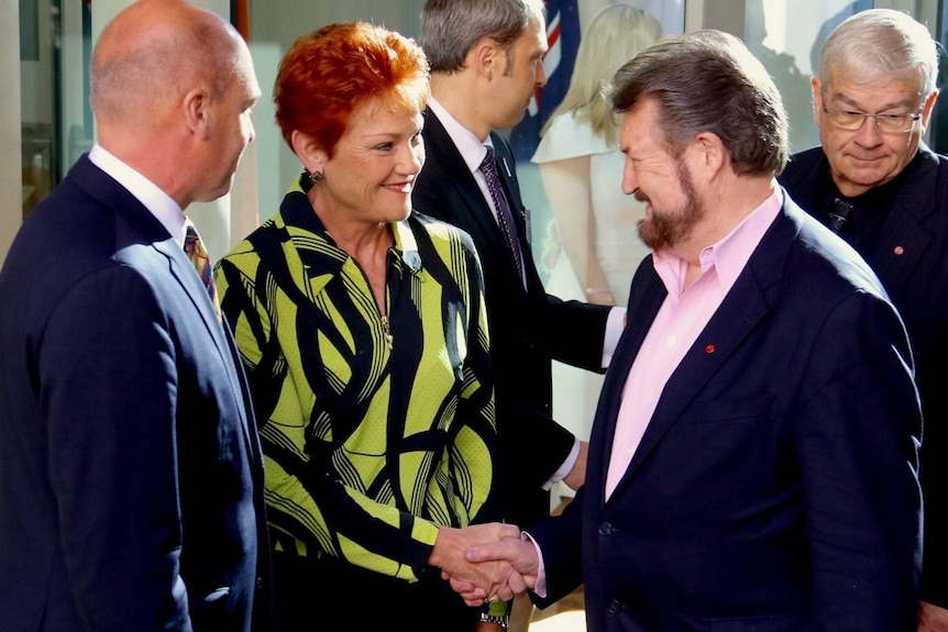 One Nation Senator Pauline Hanson talks with fellow crossbencher Derryn Hinch outside Parliament House.