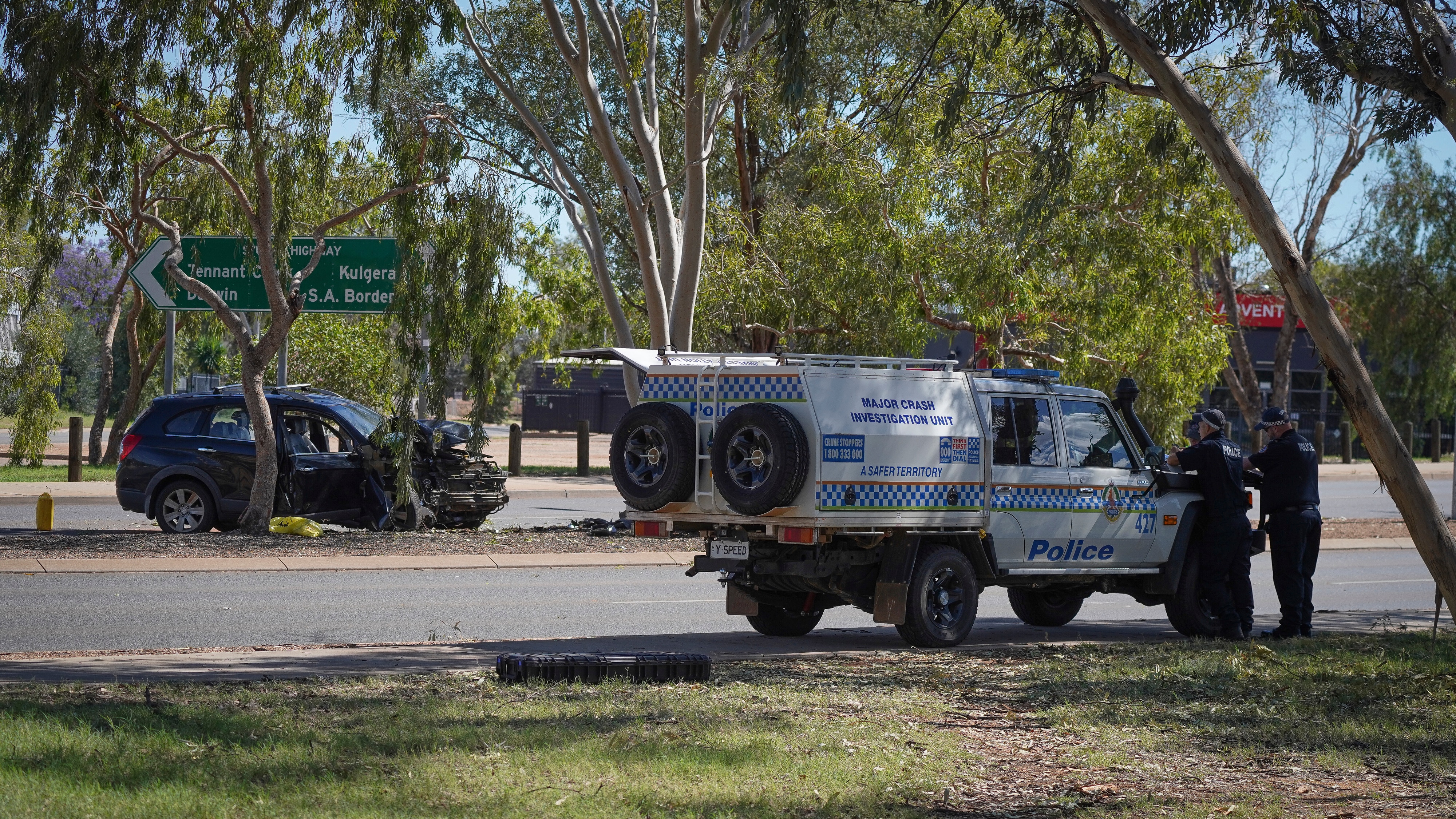 A car sits on a grassy verge where it crashed into a tree while two police officers stand behind a police car parked nearby.