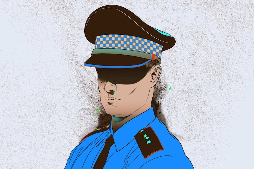 An illustration shows a male police officer, the brim of his hat casting shadow over his face.